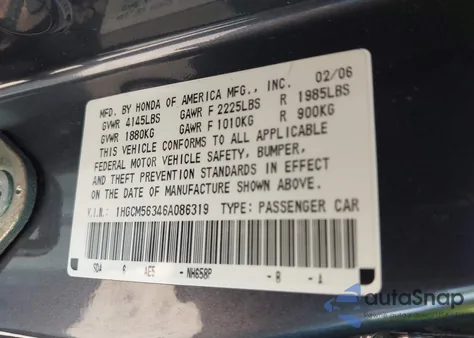 2006 Honda Accord 2.4 Se из США, поврежденный, VIN 1HGCM56346A086319